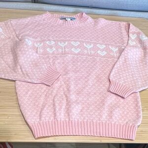 Vintage Handmade Pink Knit Sweater Made in USA Hearts Floral Design